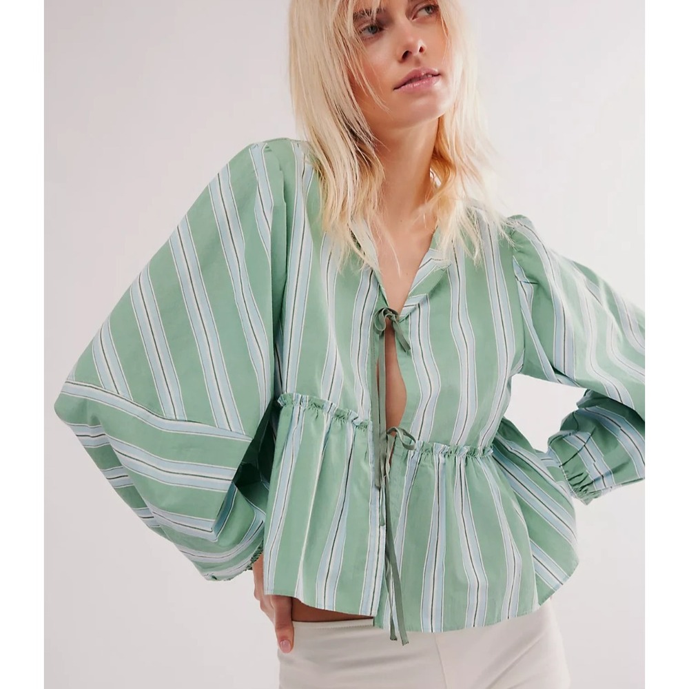 Free People Brunch Babe Tie Front Blouse Green Stripe L Boho Preppy Coastal